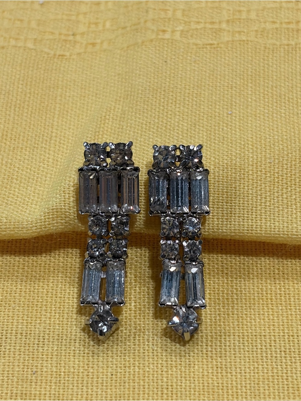 Art Deco Silver Clear Rhinestone Layered Baguette Dangle Drop Earrings